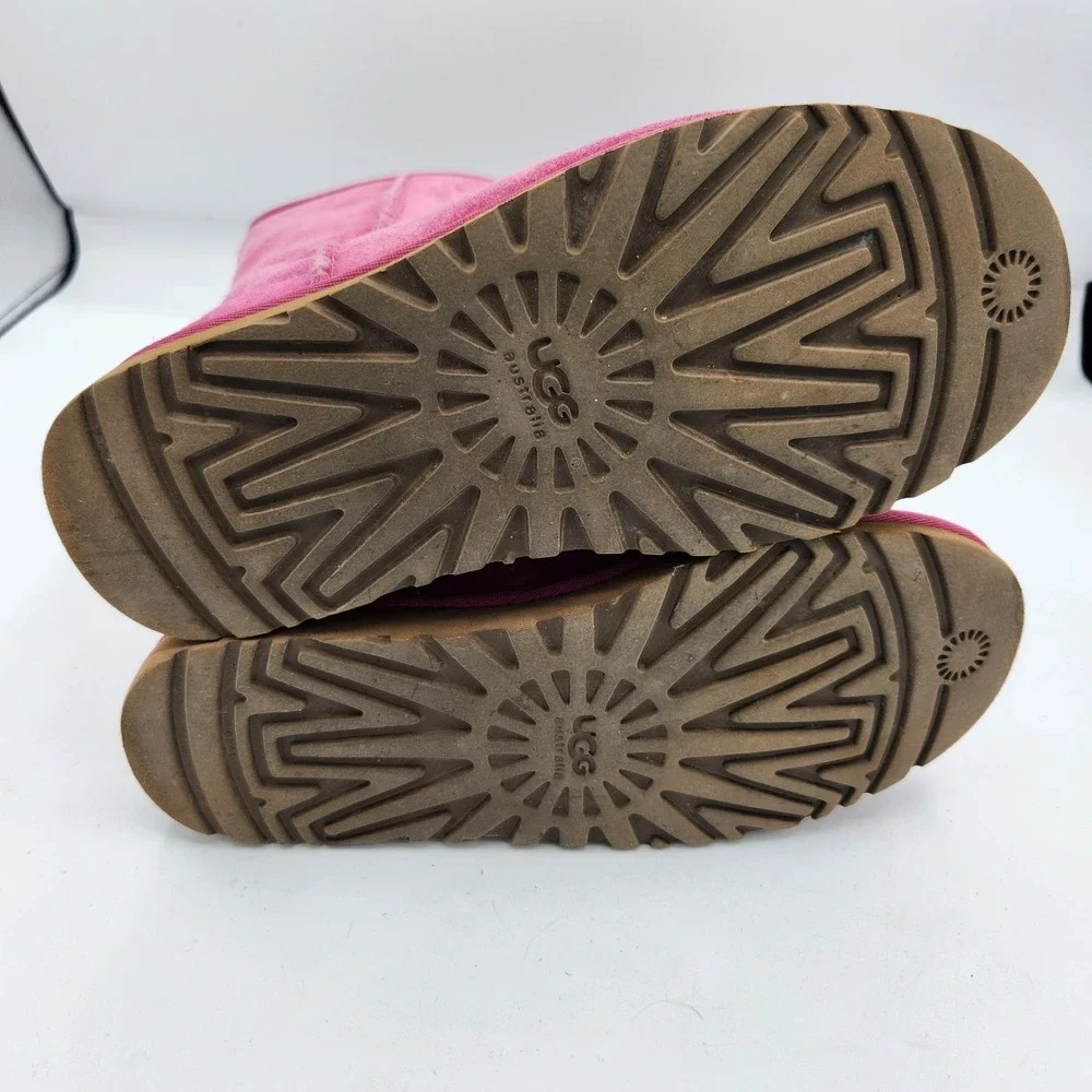 UGG Australia Classic Short Raspberry Suede Leather Boots‎ Womens Size 5 Ribbon